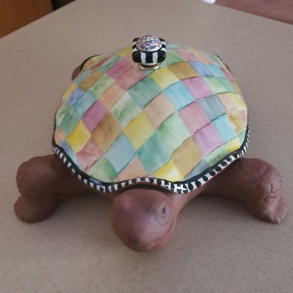 RARE MACKENZIE CHILDS AURORA HARLEQUIN FLUTED CERAMIC TURTLE SERVER TUREEN BOWL - Picture 1 of 15